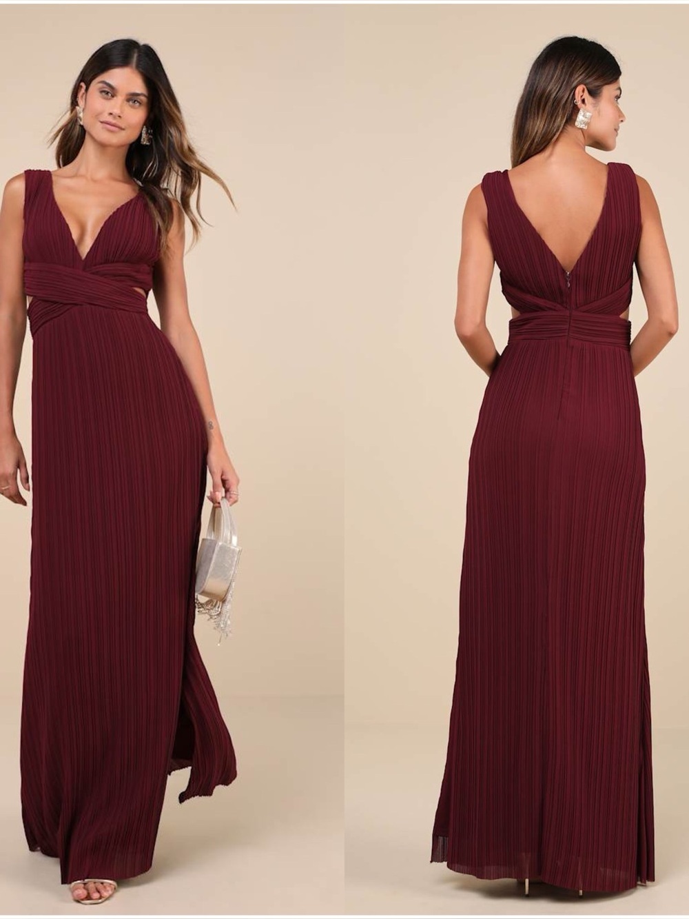 LULU'S Compelling Poise
Burgundy Plisse Cutout Sleeveless
Maxi Dress